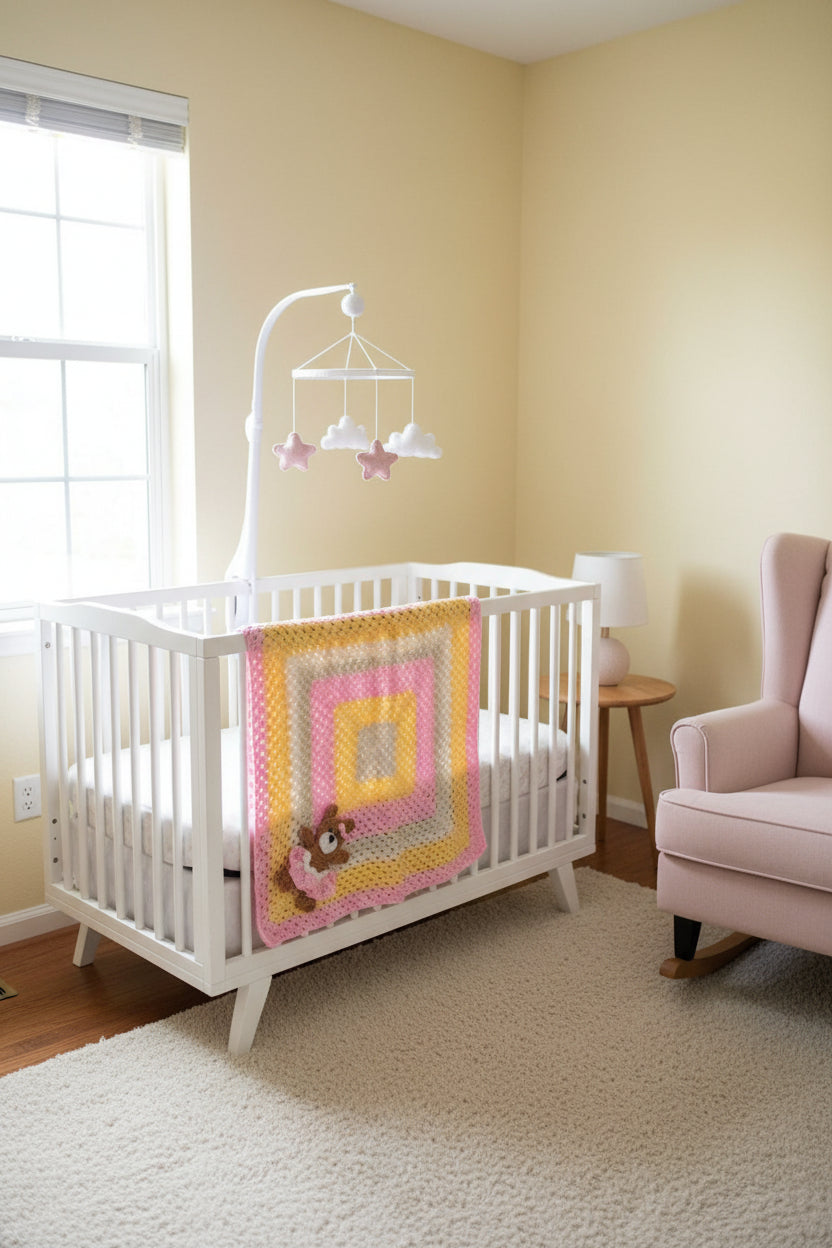 Baby Blanket – Pink, Yellow & White with Teddy Bear Appliqué