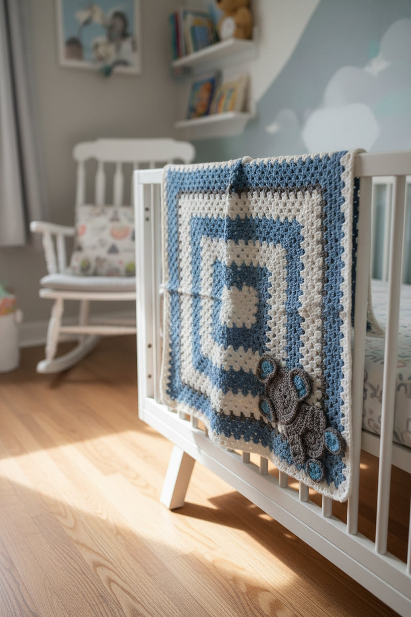 Blue and White Baby Blanket with Elephant Applique