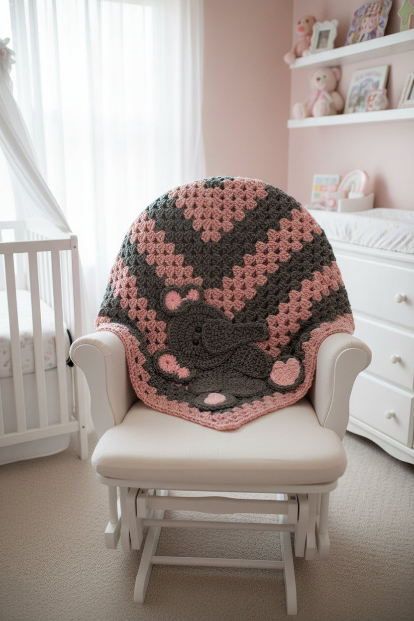 Pink and Gray Baby Blanket With Elephant Applique