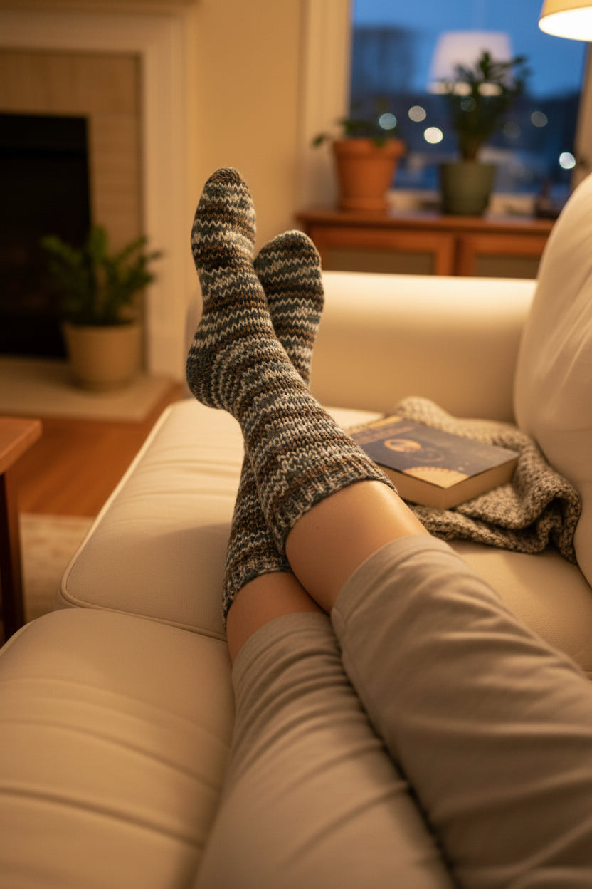 Tan green white blue comfy socks