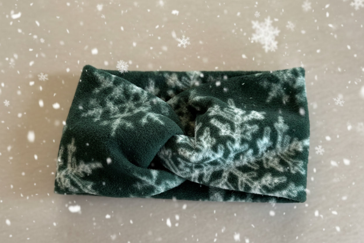 Fleece Ear Warmer Green with white snowflakes