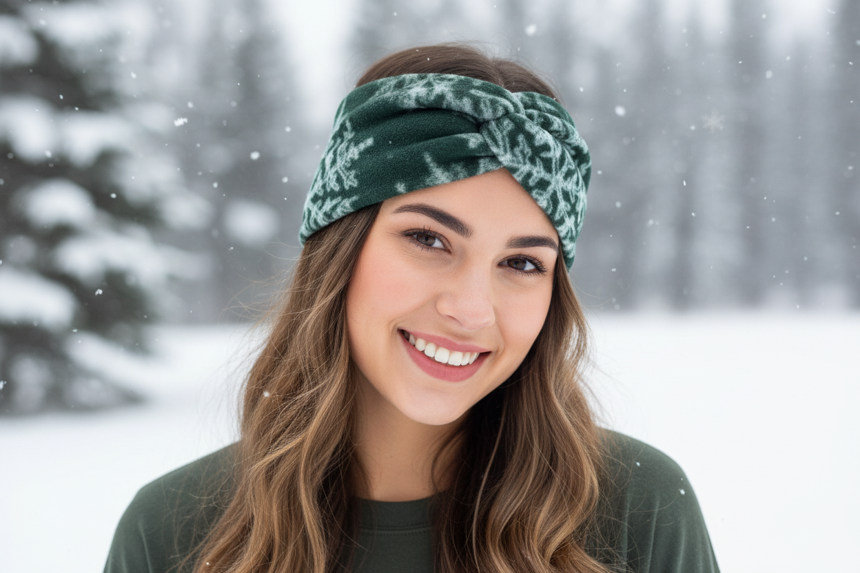 Fleece Ear Warmer Green with white snowflakes