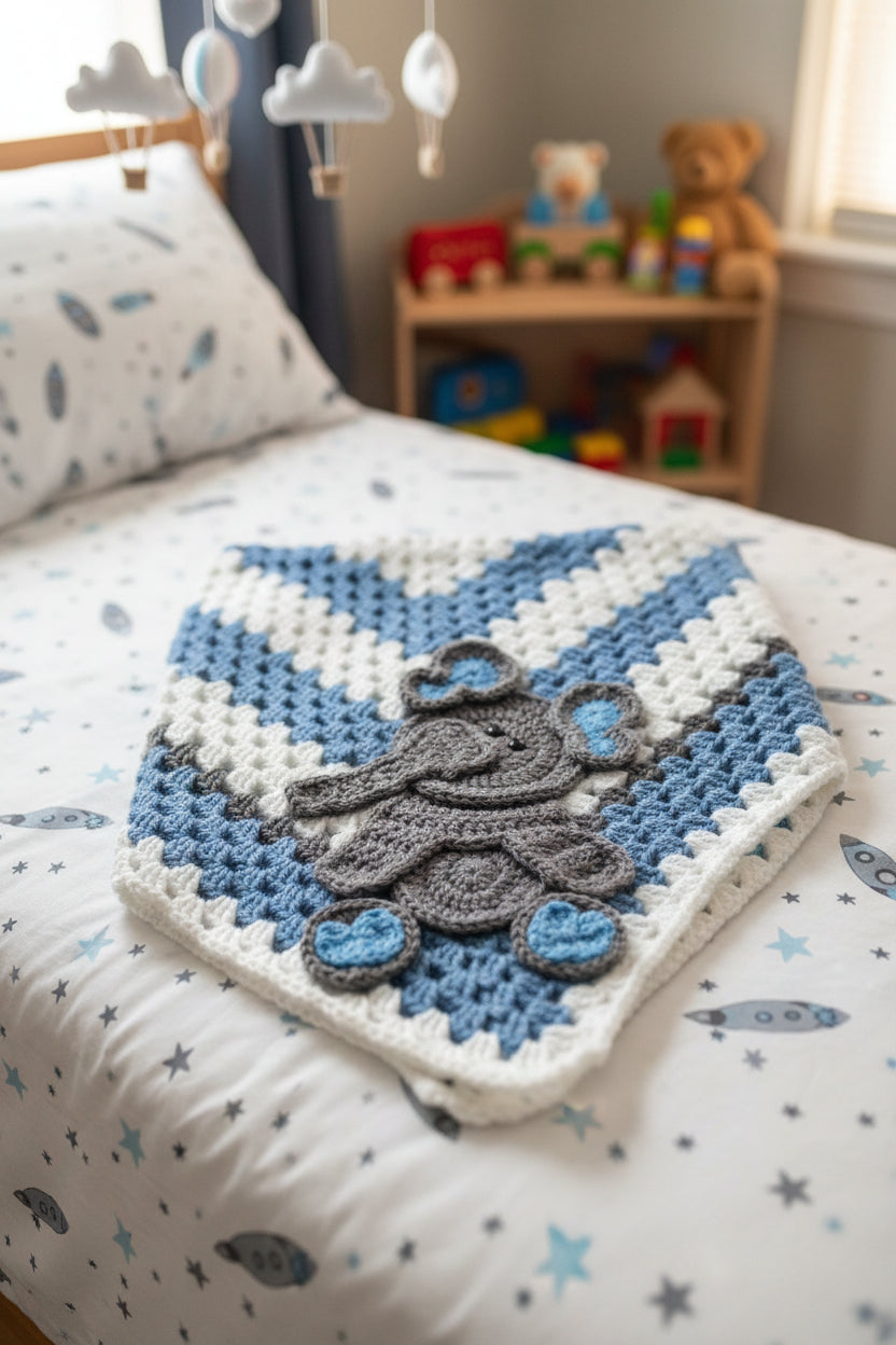 Blue and White Baby Blanket with Elephant Applique