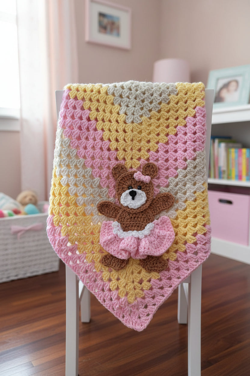 Baby Blanket – Pink, Yellow & White with Teddy Bear Appliqué