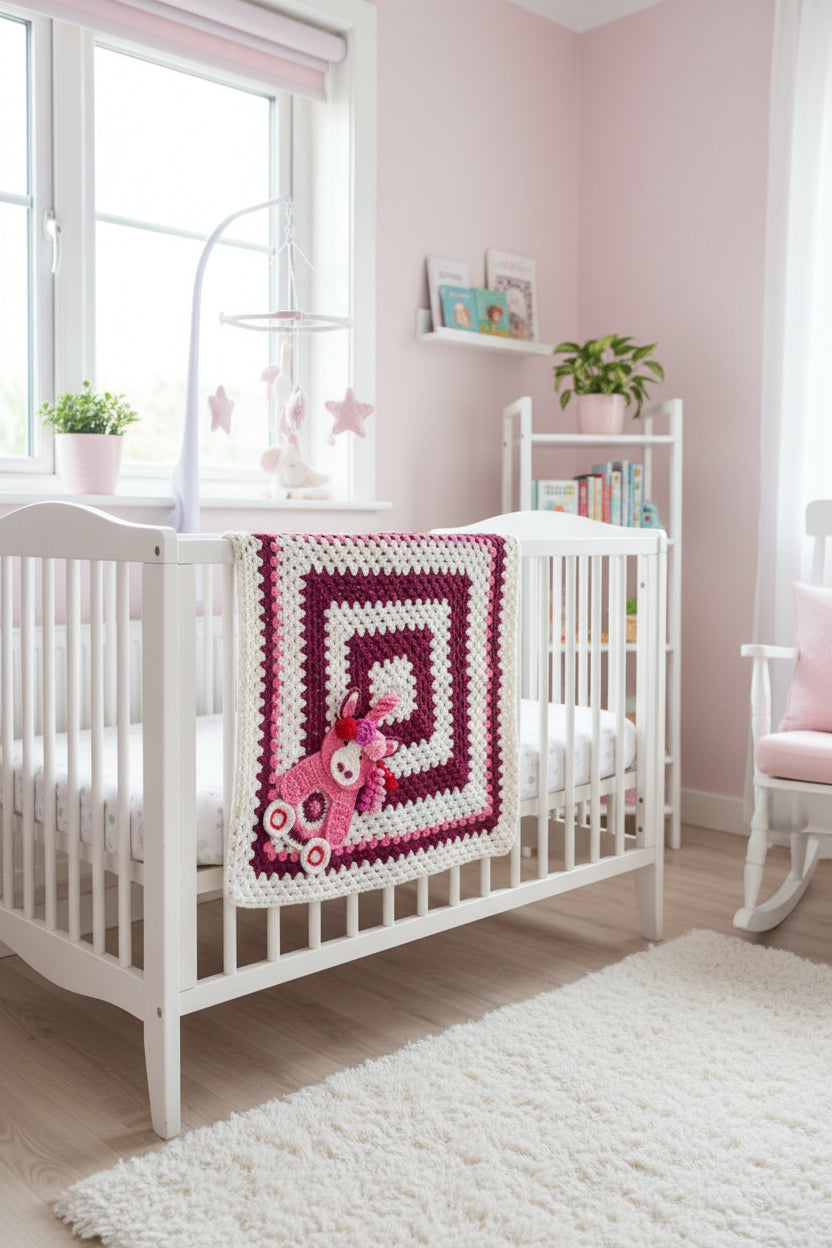 Pink and White Baby Blanket with Unicorn Applique