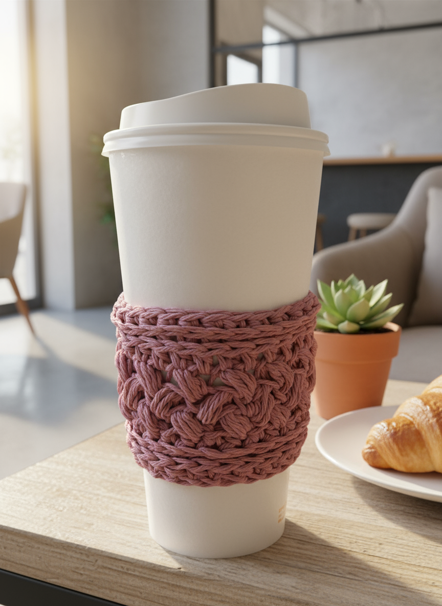 Mauve Cup Cozy on a to-go cup