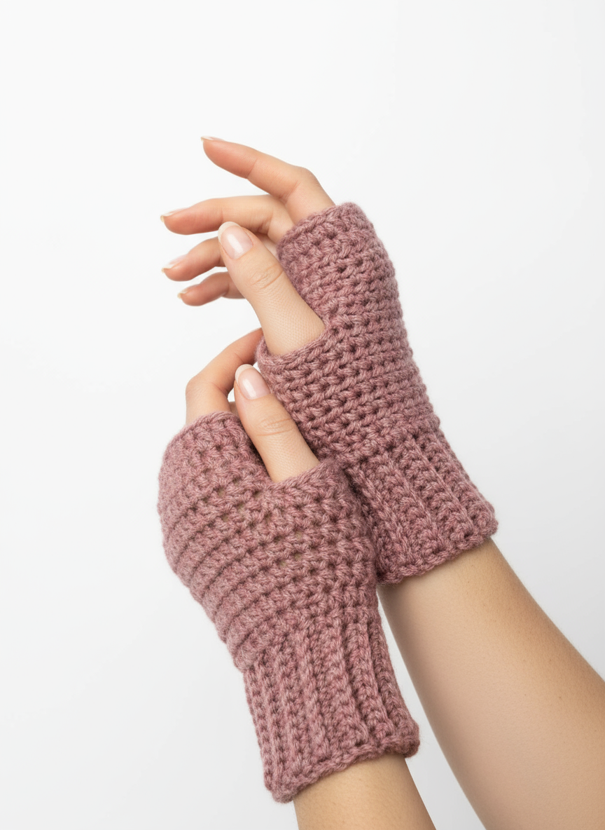 Pink crocheted fingerless gloves on hands with white background